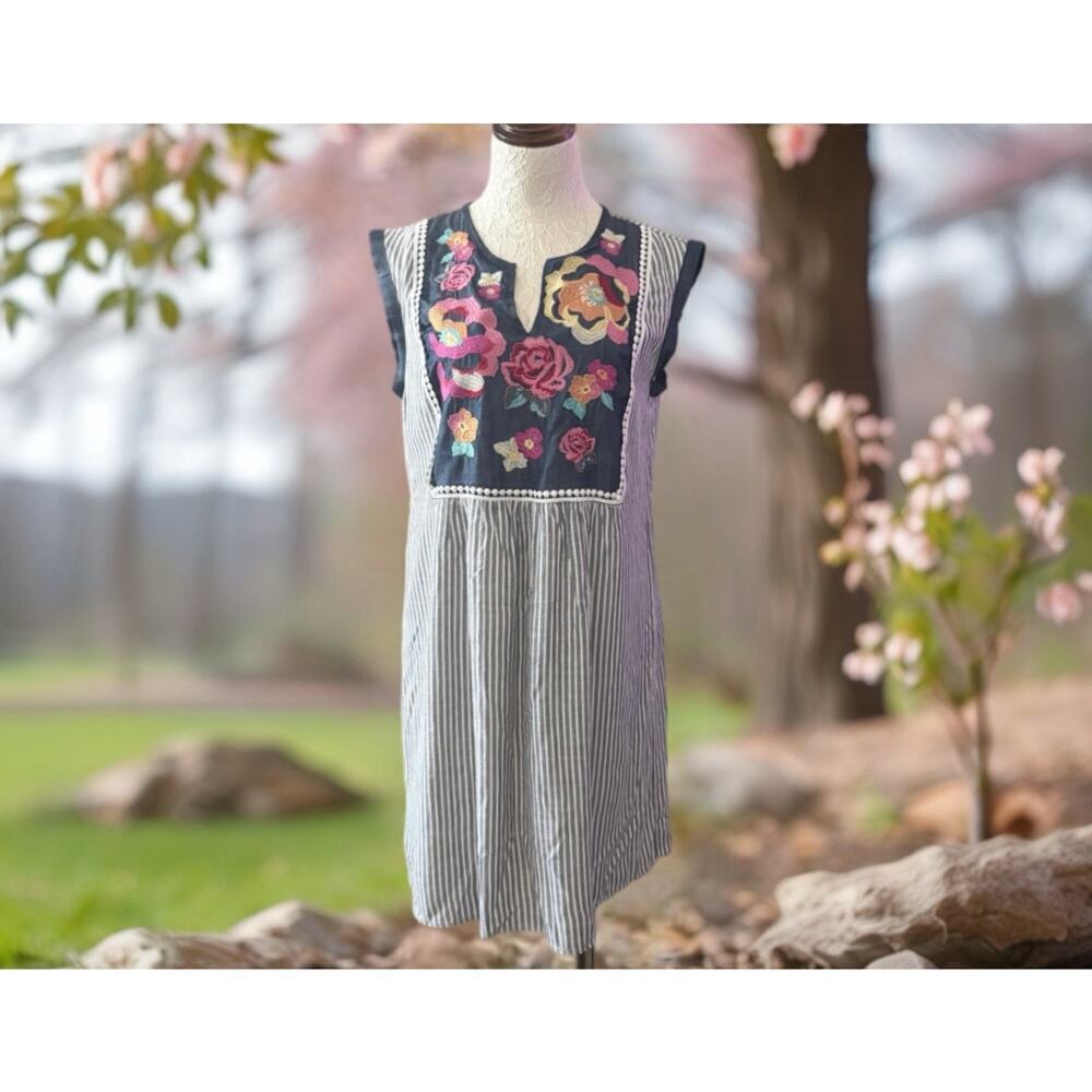 Andree by Unit Striped Embroidered Boho Dress M A-Line Cottagecore Coastal
